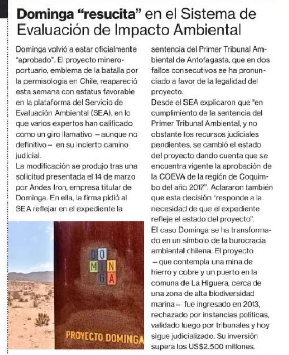 Minera Dominga en La Segunda