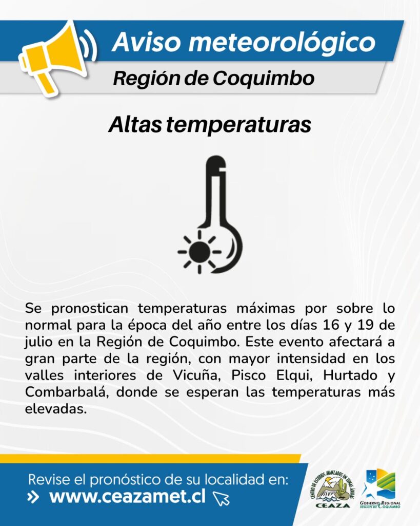 Aviso Meteorológico altas temperaturas Región de Coquimbo